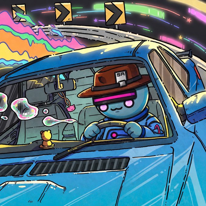 A robot character wearing an orange "SR" cap drives a blue car, with smoke billowing from the engine and a colorful rainbow-like exhaust trail—a visual play on "gone for a ride."