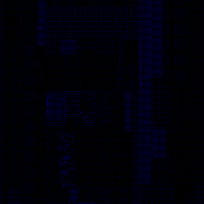 The image presents a striking contrast of blue dots against a black background, which forms an abstract shape resembling a window or a grid-like pattern. This design seems to be generated from random dots scattered throughout the image, creating an intriguing visual effect. The image also includes some text that reads "monogrid 1.1 CE #251 by Kim Asendorf Sold for 1200 XTZ on objkt Seller: xinssn9 Buyer: buy objkt.com/tokens/KT1U6EH".