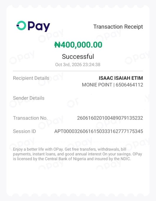 An OPay transaction receipt showing a successful transfer of ₦400,000.00 on Oct 3rd, 2026 23:24:38 to ISAAC ISAIAH ETIM at MONIE POINT (6506464112).