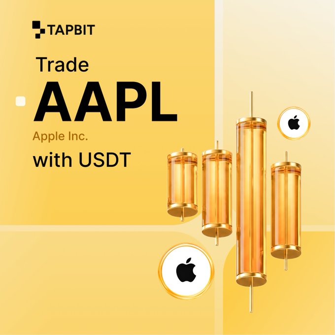 A yellow promotional graphic for TapBit cryptocurrency exchange advertising trading AAPL (Apple Inc.) with USDT, featuring golden 3D candlestick charts and Apple logos.