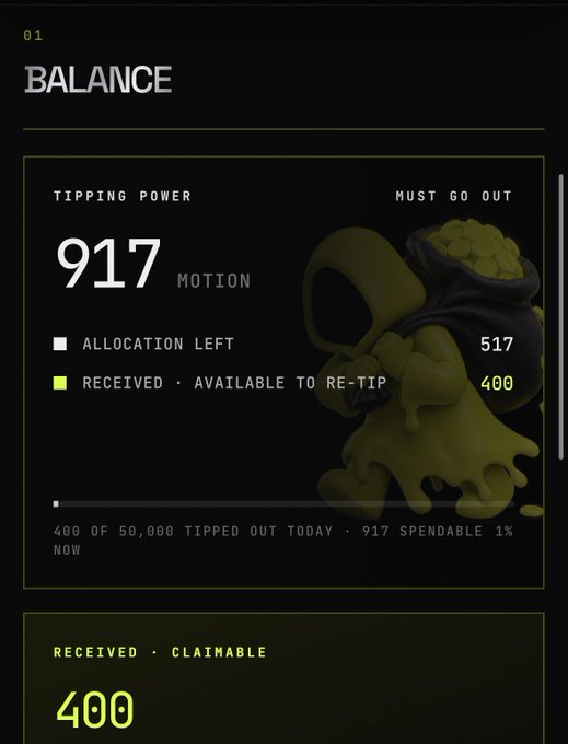 A dark-themed dashboard displays a "BALANCE" page showing 917 MOTION tipping power, with 517 allocation left and 400 received/available to re-tip, while a yellow pot-of-gold illustration decorates the right side — illustrating the user's $MOTION tip balance offered for giveaway.