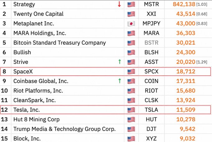 The image displays a ranking of the top 15 corporate Bitcoin holders, with Strategy (MSTR) leading at 842,138 BTC, followed by Twenty One Capital (XXI) at 43,514 BTC and Metaplanet (MPJPY) at 43,000 BTC. SpaceX (SPCX) is highlighted in 8th place with 18,712 BTC and Tesla (TSLA) in 12th with 11,509 BTC, which together total 30,221 BTC—a combined figure that would place the merged entity as the 5th largest corporate Bitcoin holder, just behind Bitcoin Standard Treasury Company (BSTR) at 30,021 BTC.