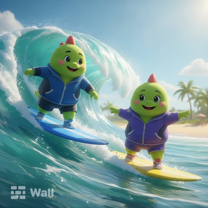 Two cartoon avocado characters wearing hoodies and shorts are surfing on a large wave in a tropical setting, with a 'Wall' logo in the bottom left corner.