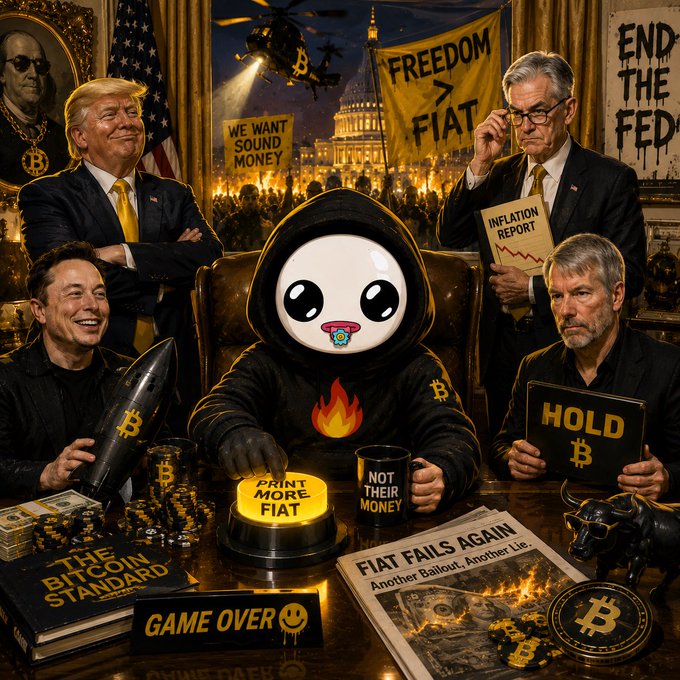 The image features a group of people, including a man wearing a black hoodie with a white face, sitting around a table filled with various items such as books, a game controller, and a Bitcoin sign. The man in the hoodie is holding up a sign that says "Game over". The other individuals are also present at the table, engaged in conversation or observing their surroundings.

The image seems to be related to a post on social media where people discuss the recent Game Over post by one of the individuals sitting around the table. This suggests that the group might have been discussing the content of the post and its implications for Bitcoin enthusiasts.