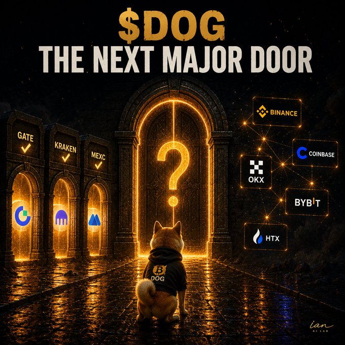 A promotional graphic titled '$DOG THE NEXT MAJOR DOOR' showing a Shiba Inu dog from behind facing glowing doorways labeled GATE, KRAKEN, MEXC, Google, and another, with exchange logos (Binance, OKX, Coinbase, Bybit, HTX) connected by a network of lines on the right.