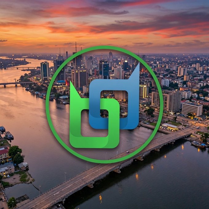 An aerial cityscape at sunset featuring a river and bridges, overlaid with a large circular green-and-blue logo resembling 'dj' or a stylized 'W'.