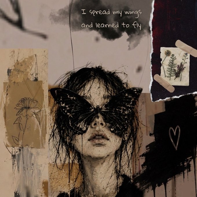 A dark, mixed-media artistic collage featuring a black and white sketch of a person with a large butterfly covering their eyes, with the text 'I spread my wings and learned to fly' at the top, alongside botanical illustrations and torn paper elements.