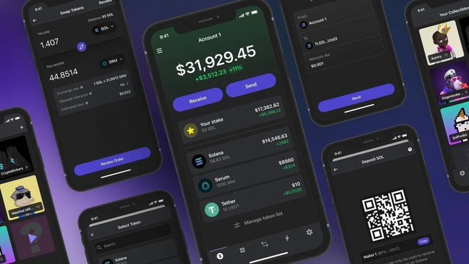 Marketing image displaying multiple smartphone screens of the Phantom cryptocurrency wallet app, showing an account balance of $31,929.45 and various crypto tokens.