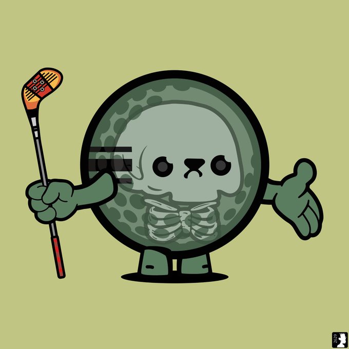 A digital illustration of a cute, round green character with an exposed ribcage, holding a small flag or golf club in one hand, set against a solid olive-green background.