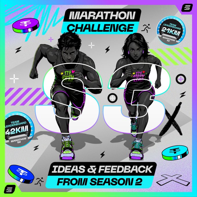 A promotional graphic for a 'Marathon Challenge Season 2' featuring illustrated male and female runners, with text reading 'Ideas & Feedback from Season 2' and team leaderboard badges for 21km and 42km.