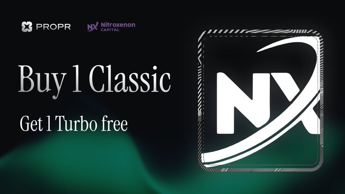 Promotional banner by Propr and Nitroxenon Capital offering a "Buy 1 Classic, Get 1 Turbo free" deal, featuring the Nitroxenon (NX) logo. The post shares the trader's weekend trades (AAVE, SOL, UNI) and promotes the Propr platform with a referral promo code for a free upgrade.
