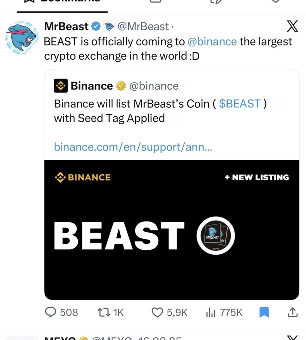 A tweet from MrBeast (@MrBeast) announcing that 'BEAST is officially coming to @binance the largest crypto exchange in the world :D', quoting Binance's announcement about listing MrBeast's Coin ($BEAST) with a Seed Tag Applied.