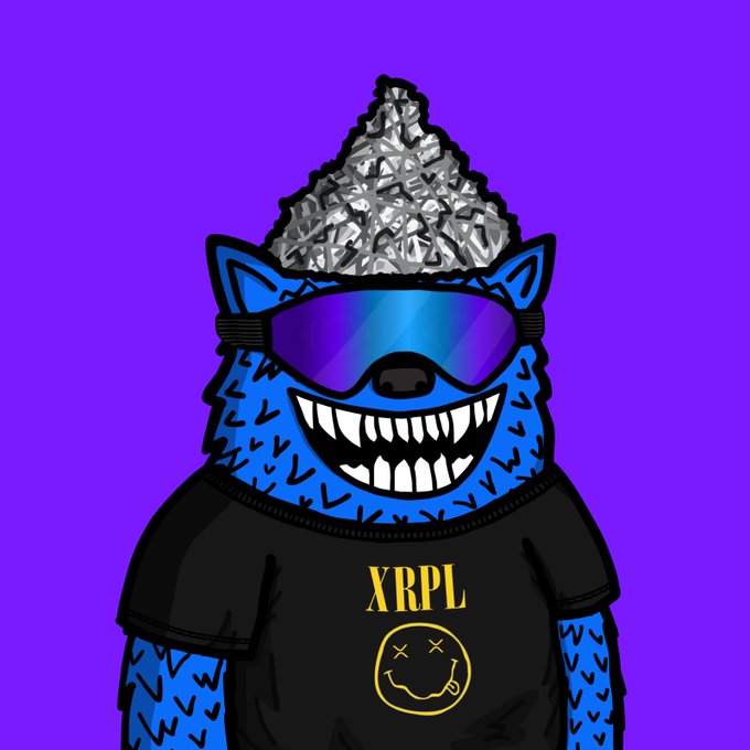 A cartoon-style illustration of a blue furry monster wearing reflective sunglasses and a black t-shirt with the text "XRPL" and a smiley face logo, topped with a silver foil hat.