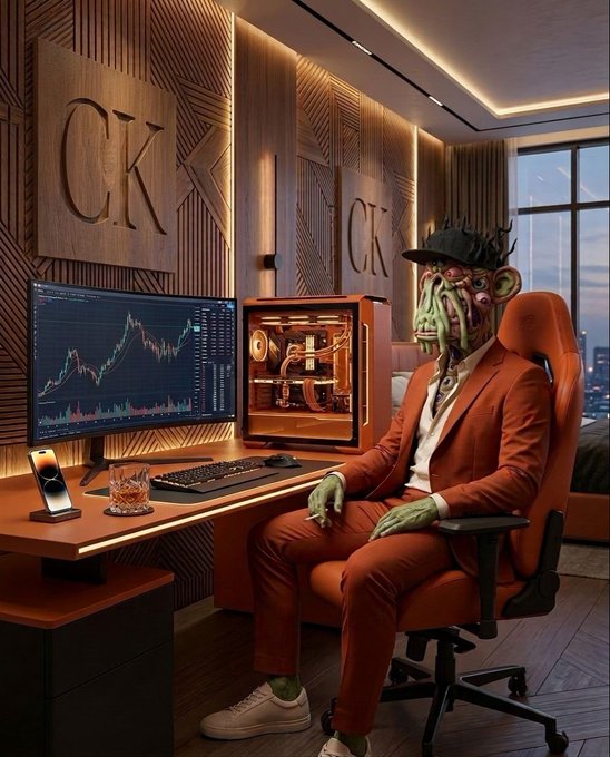A green-skinned figure in a black cap and burnt orange suit sits at a sleek wooden desk in a luxurious office adorned with "CK" monogrammed wall panels, gazing at a monitor displaying a rising Bitcoin chart while holding a cigar. The scene captures a crypto trader's confident morning ritual, embodying the aspirational "rise and shine" message aimed at future crypto millionaires.