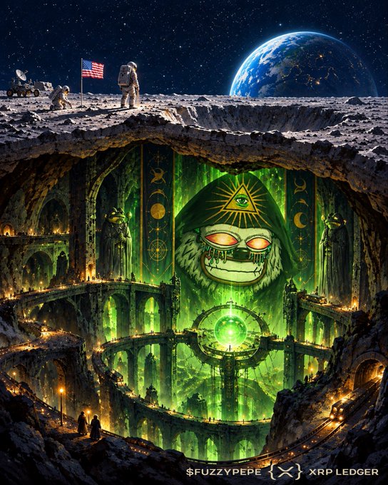 A digital illustration showing astronauts planting an American flag on the moon's surface above a vast underground cavern containing a giant glowing green Pepe the Frog idol with an Illuminati eye, labeled '$FUZZYPEPE' and 'XRP LEDGER' at the bottom.
