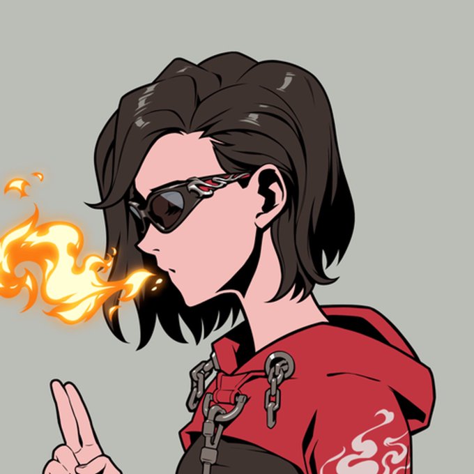 A stylized digital illustration of a person with short dark hair and red-accented sunglasses, wearing a red hoodie with chains, exhaling flames from their mouth.