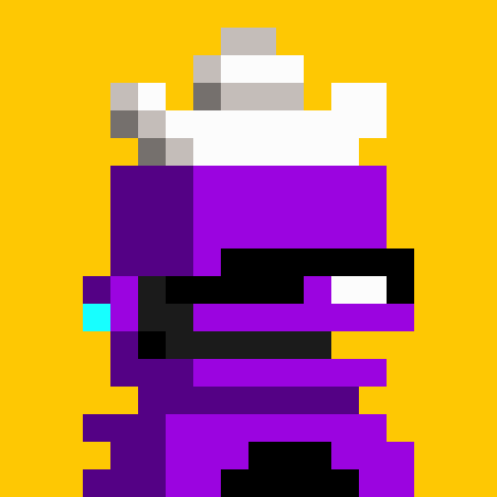 The image shows a pixel art character with a purple ninja-like body, white chef-style hat, and a black visor with a single visible white eye, set against a yellow background. This character serves as the PFP (profile picture) being teased in the mint announcement, which promotes a free mint of 3,333 unique NFTs available via guaranteed and whitelist phases on September 3.