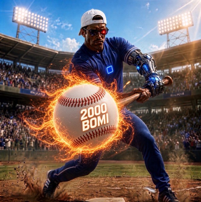 AI-generated image of a baseball player wearing sunglasses, a white cap, blue uniform, and a mechanical prosthetic arm, swinging a flaming bat with a ball labeled '2000 B0M1' on fire at a stadium.