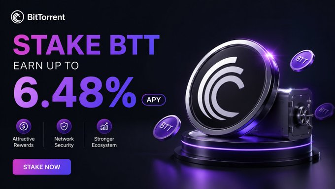 A promotional image for BitTorrent's BTT staking program, featuring the BitTorrent logo and coin on a pedestal, advertising "STAKE BTT - EARN UP TO 6.48% APY" with benefits including attractive rewards, network security, and a stronger ecosystem. The graphic visually reinforces the post's message about looking beyond just yield numbers to consider how BTT staking supports broader network growth and ecosystem strength.