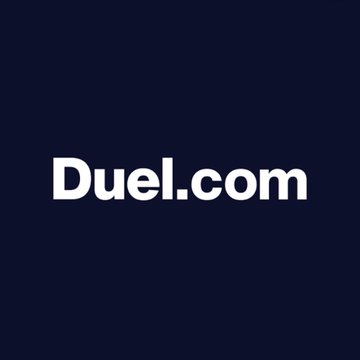 The image displays a minimalist logo with "Duel.com" written in bold white text against a dark navy blue background. This branding aligns with the post's announcement about duel.com offering the best house edge in sports betting among crypto casinos, presenting the platform's visual identity to reinforce the claim.