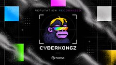 A promotional graphic for "CYBERKONGZ" with the tagline "REPUTATION RECOGNIZED" featuring a colorful ape/monkey NFT character with sunglasses and a beanie, displayed on a checkered color-block background.