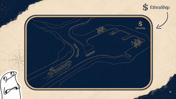 A stylized nautical map illustrates EthraShip's operations at "Harbor," showing a cargo vessel and port infrastructure on a dark blue background, with the EthraShip logo and arrow highlighting the company's presence in real maritime logistics—visually reinforcing the connection between tangible shipping assets and the broader Ethra ecosystem mentioned in the post.