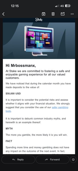 A mobile email from Stake addressed to "Mrbossman" alerting about $50,000 USD in monthly deposits and promoting safer gambling tools and debunking gambling myths.