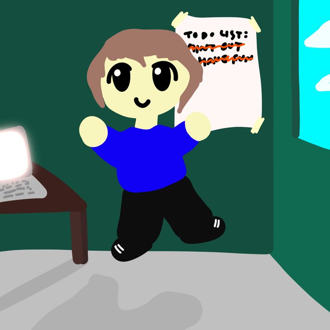 A digital drawing of a smiling cartoon character in a blue shirt and black pants jumping next to a desk with a laptop and a wall poster labeled 'TO DO LIST:' with scribbled orange text.