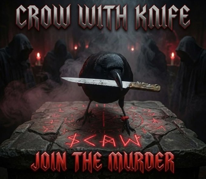 Album cover art for 'CROW WITH KNIFE' featuring a crow holding a knife on a stone altar with red runes, hooded figures in the background, and text reading 'SCAW JOIN THE MURDER'.