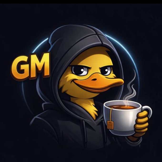 A cartoon duck character wearing a dark hoodie and holding a steaming cup of coffee, with the letters 'GM' (Good Morning) displayed next to it.