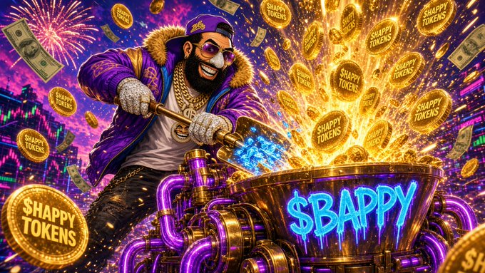 A colorful promotional graphic featuring a man in a purple jacket and sunglasses scooping glowing 'SHAPPY TOKENS' gold coins into a large vessel labeled '$BAPPY' amid a celebratory cityscape with fireworks.
