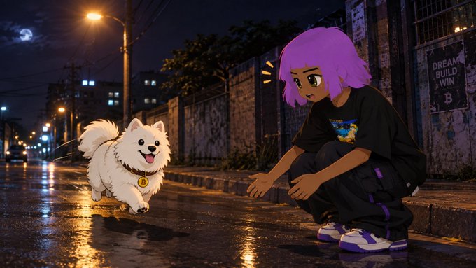 An anime-style illustration depicts a girl with purple hair crouching on a wet, neon-lit street at night, reaching out to a small white fluffy dog with a bell collar.