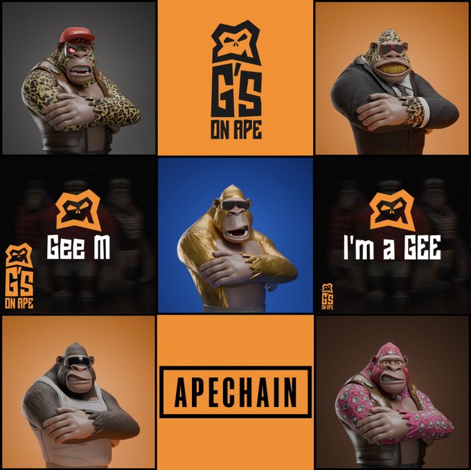 A 3x3 promotional grid for 'APECHAIN' featuring various ape character designs in different outfits (red cap, leopard print, gold, pink) with 'G'S ON APE' and 'I'm a GEE' text.