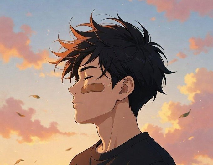Anime-style illustration of a black-haired boy with a band-aid on his cheek, eyes closed, against a sunset sky with pink clouds.