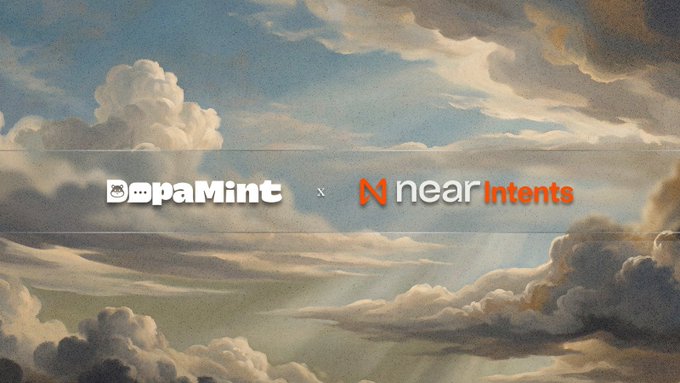 A classical-style painted sky filled with dramatic clouds and golden sunlight forms the backdrop for logos announcing a partnership between **DopaMint** and **near Intents**, visually evoking the "sky's the limit" potential of their new cross-chain swap integration.