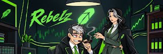 A digital illustration featuring two anime-style characters in suits with green accents and the word 'Rebels' above them, set against a background of stock market charts.