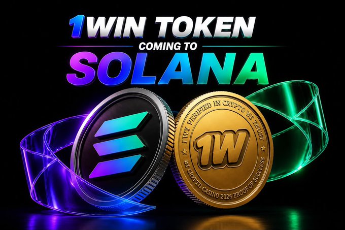 Promotional graphic announcing "1WIN TOKEN COMING TO SOLANA," featuring a black and silver Solana coin alongside a gold 1WIN token inscribed with "1WIN WRAPPED IN CRYPTO" and "PROOF OF SUCCESS 2026," surrounded by glowing neon light trails.