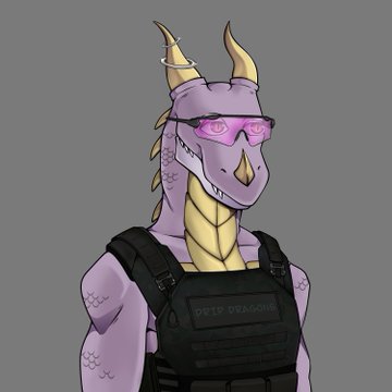 The image features a purple dragon character wearing pink sunglasses and a black tactical vest labeled "DRIP DRAGON," serving as the mascot artwork for the Drip Dragons NFT project promoted in the post.
