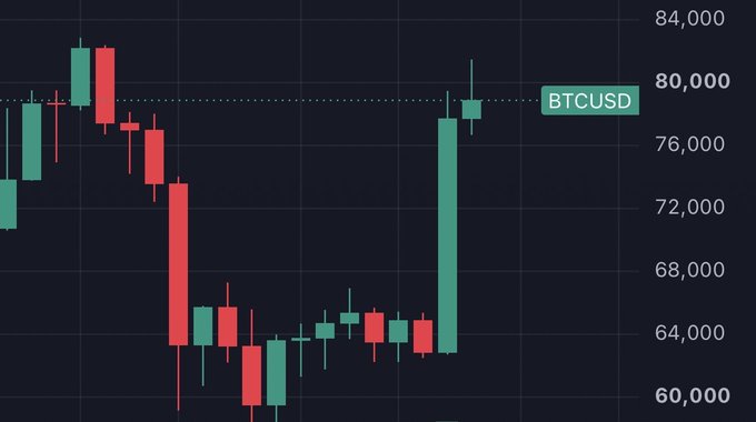 A candlestick chart displays BTCUSD price movements, showing a significant drop followed by a sharp recovery to around $80,000.