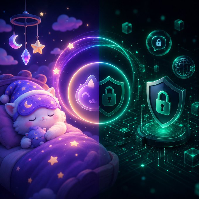A split-screen digital illustration contrasting a purple, dreamy nighttime scene with a sleeping cat and crescent moon mobile on the left against a green, tech-themed cybersecurity scene with padlocks and shields on the right.