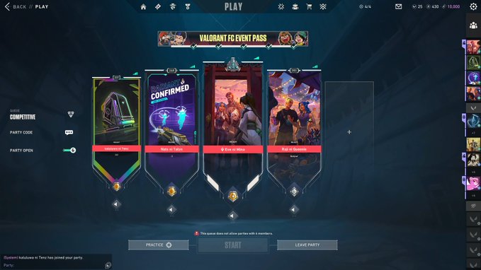 A screenshot of the Valorant main menu showing the "PLAY" screen with the "VALORANT FC EVENT PASS" banner displayed above four game mode options: Unrated, Deathmatch, Spike Rush, and Team Deathmatch. The player is preparing to join a competitive game, with a chat message noting that "kobulazaie in Texas has joined your party," fitting the post about being ready to game with friends from the Sanctuary Den community.