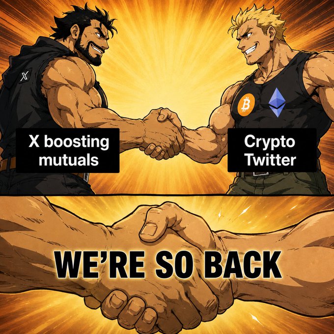 An anime-style illustration of two muscular men shaking hands labeled 'X boosting mutuals' (left, with X logo) and 'Crypto Twitter' (right, with Bitcoin and Ethereum logos), with the caption 'WE'RE SO BACK'.