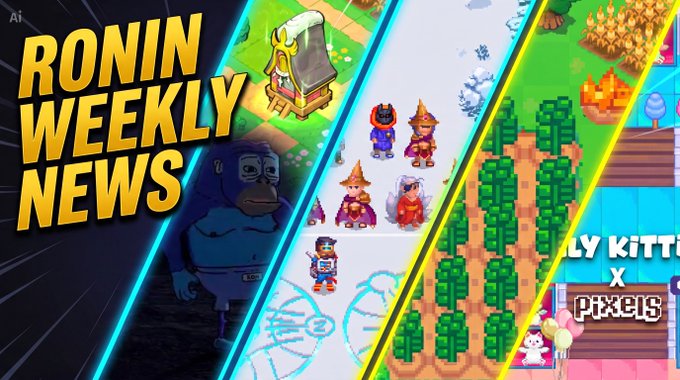 A promotional graphic for "Ronin Weekly News" featuring diagonal panels showcasing screenshots from various Ronin blockchain games, including Axie Infinity, Sunflower Land, and Pixels, with a 3D blue monkey character on the left side.