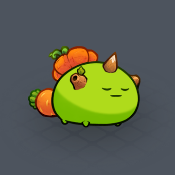 A cartoon illustration of a round, green creature with closed eyes, brown horns, and an orange carrot-like tail sitting on a dark blue checkered background.