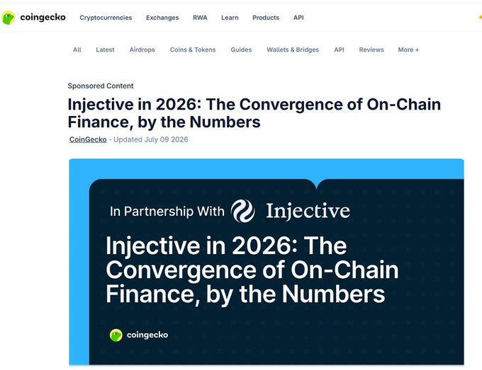 A CoinGecko webpage displaying a sponsored article titled 'Injective in 2026: The Convergence of On-Chain Finance, by the Numbers,' updated July 09 2026.