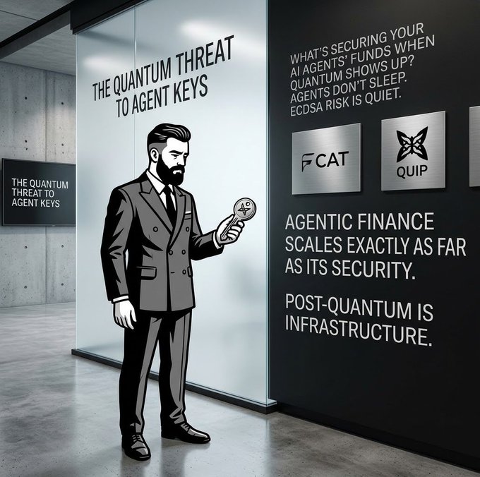 A black and white illustration of a bearded man in a suit holding a token, displayed in a gallery setting with text about 'THE QUANTUM THREAT TO AGENT KEYS', ECSA risk, and post-quantum infrastructure, featuring FCAT and QUIP logos.