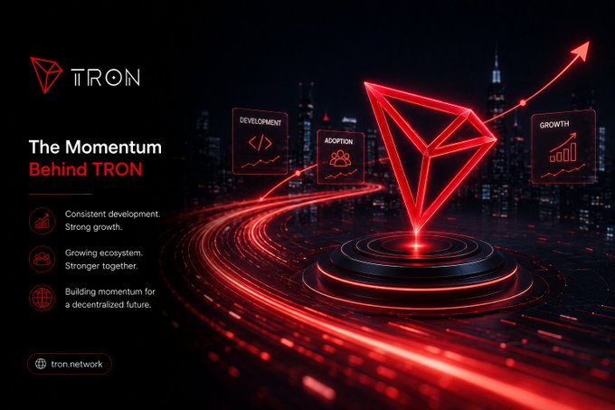 A promotional graphic titled 'The Momentum Behind TRON' featuring a glowing red 3D TRON logo above a futuristic city, with bullet points about consistent development, growing ecosystem, and decentralized future.