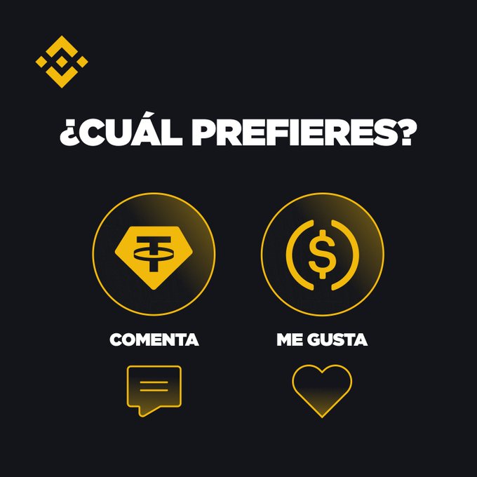 A dark graphic from Binance asks "¿CUÁL PREFIERES?" (Which do you prefer?), presenting two options: "COMENTA" (Comment) paired with a chat bubble and Tether (USDT) logo, versus "ME GUSTA" (Like) paired with a heart and USDC logo. The post "A ver, Binancians ¿de qué team son?" (Let's see, Binancians, which team are you on?) encourages users to comment their preference between the two stablecoins.