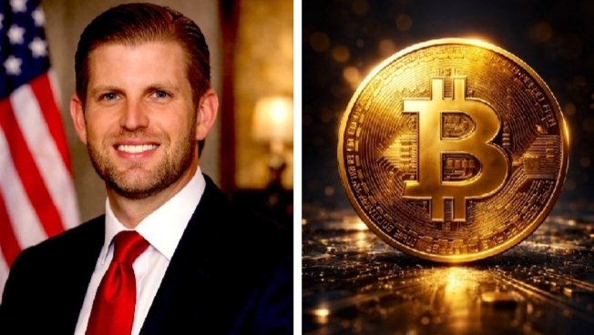Eric Trump is shown in a formal portrait with an American flag in the background, alongside a golden Bitcoin coin, visually reinforcing his strong bullish stance on BTC amid ongoing market volatility.