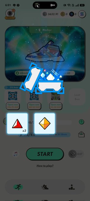 A mobile game screenshot showing a 'Worker' upgrade interface with a triangular crystalline structure, various stats including '3652.91' coins, and a green 'START' button at the bottom.